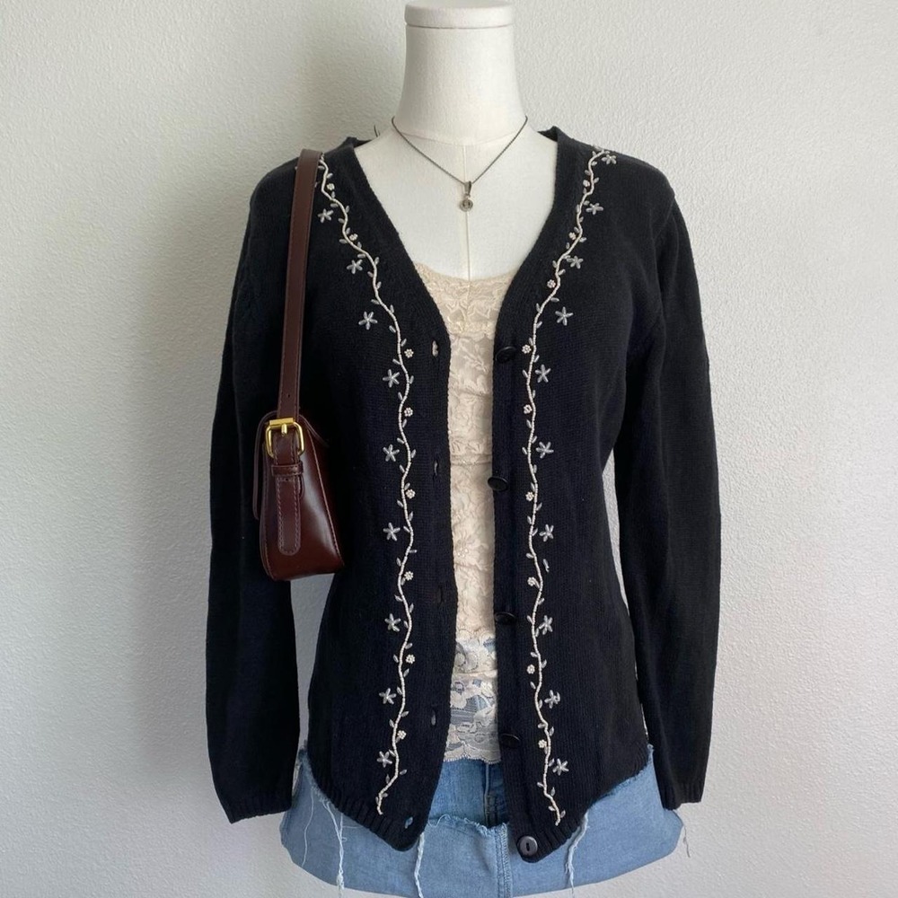Vintage Floral Beaded Trim Black Sweater Cardigan Buttons Cottage Cozy